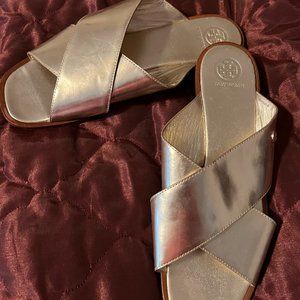 Tory Burch metallic gold cross over slide sandals